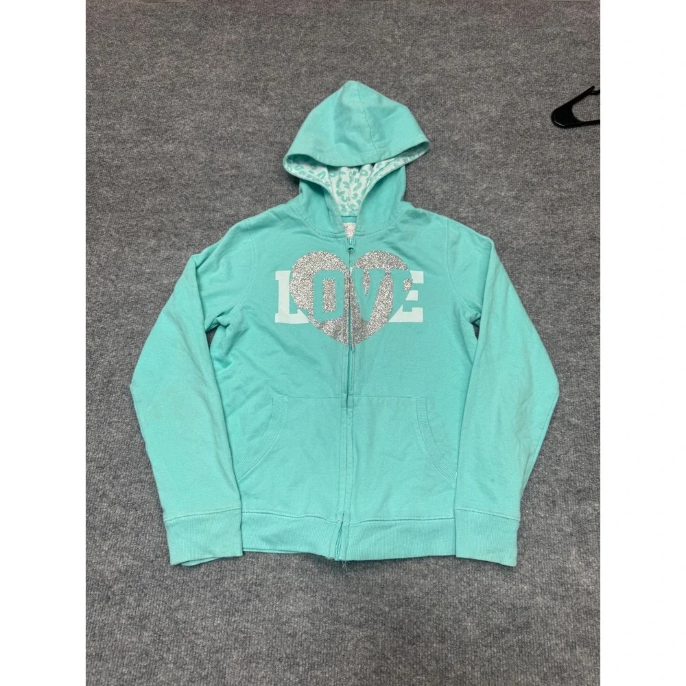 *The‎ Childrens Place Girls XL 14 Aqua Teal Silver Glitter Heart Zip Up Hoodie